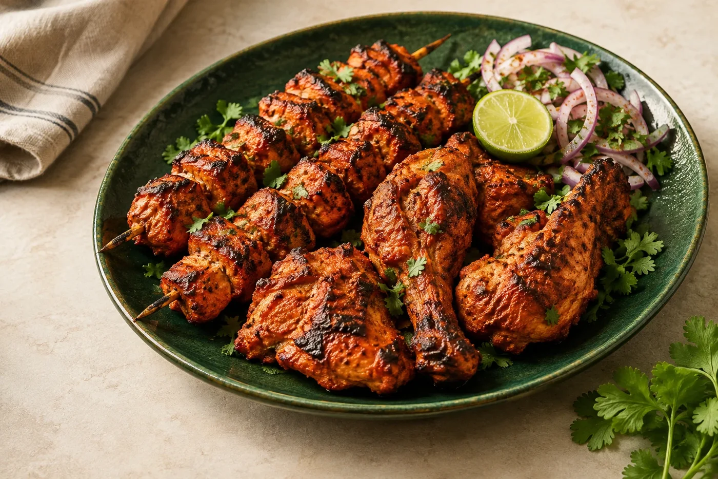 Illustrative serving suggestion: tandoori chicken with lime and onion on a green plate
